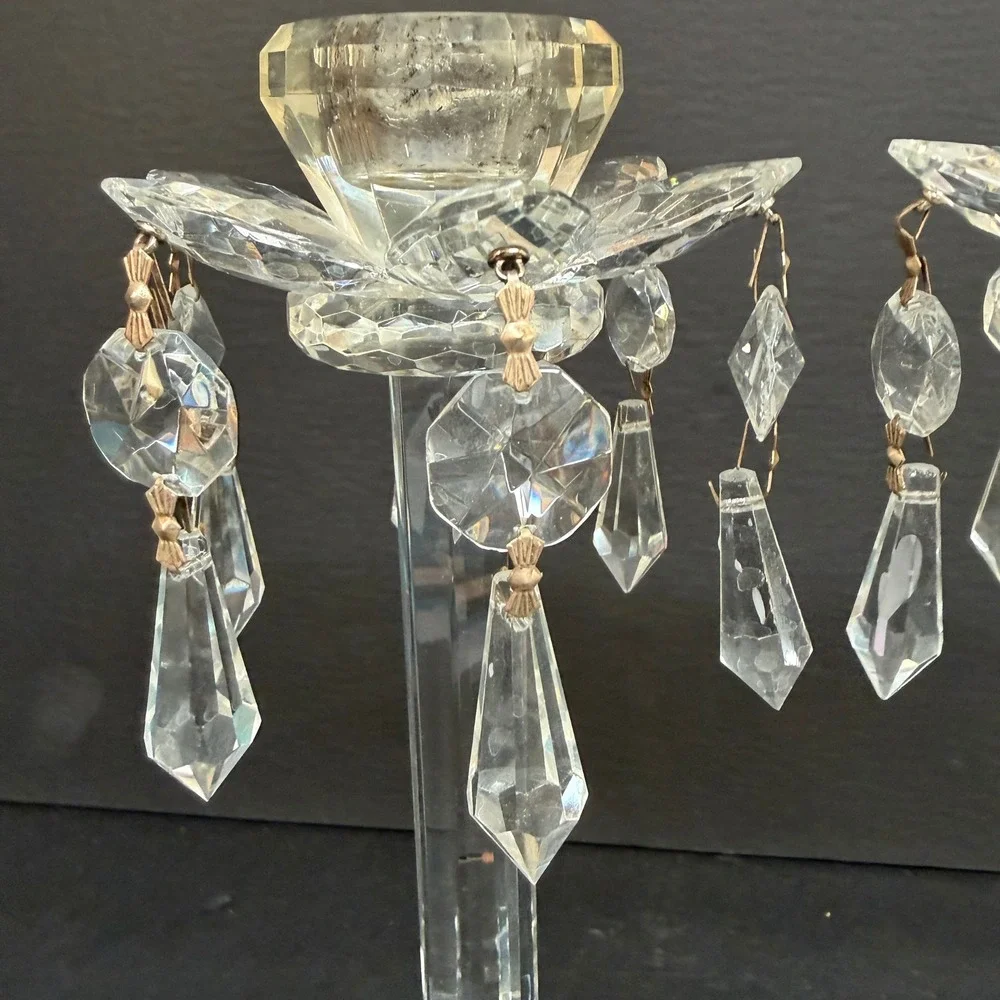 Vintage Crystal Glass Candlestick Holders Set of 2 READ Prisms Hollywood Regency